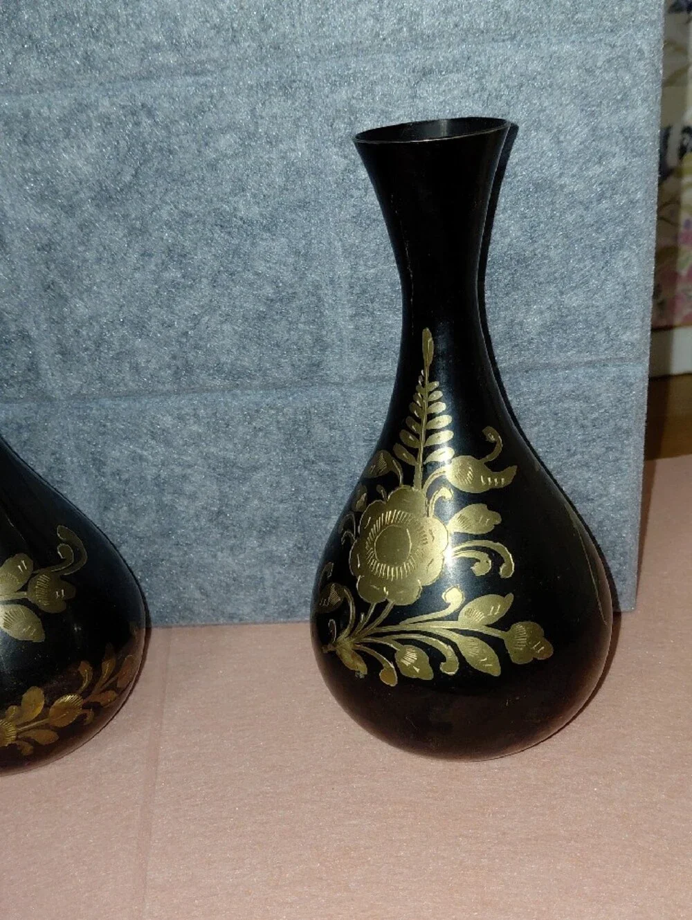 Black and Gold Floral Brass Vases - Set of 2